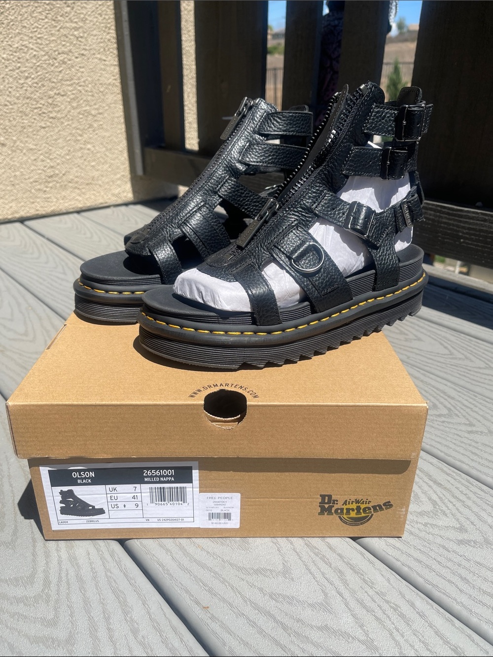 Dr. Martens Black Gladiator Platform Sandals with Yellow Stitching